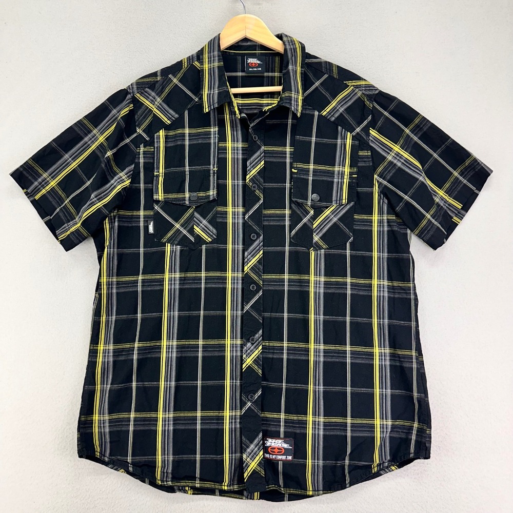 VTG No Fear Shirt Mens XL Yellow/Black Plaid Short Sleeve Biker Y2K OG Low Rider